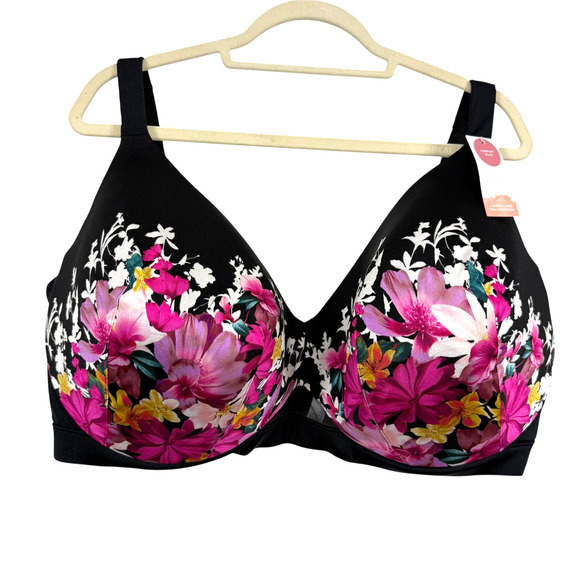Cacique Lightly Lined Full Coverage Floral NWT Black Pink Bra Underwire sz 46J - Picture 1 of 16